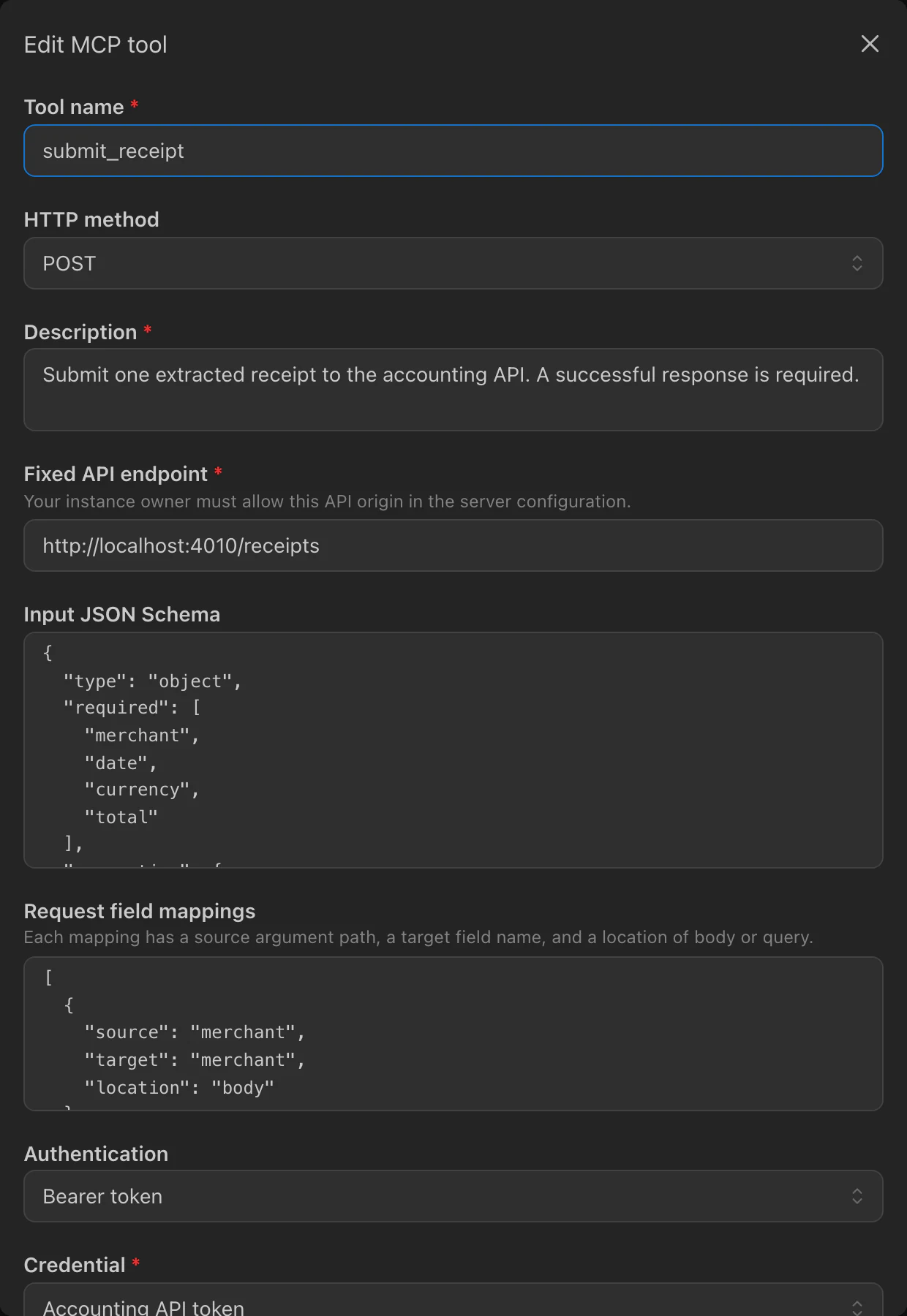 The Edit MCP tool dialog for submit_receipt: tool name, HTTP method POST, description, fixed API endpoint, input JSON Schema, request field mappings, authentication set to bearer token, and the credential Accounting API token.